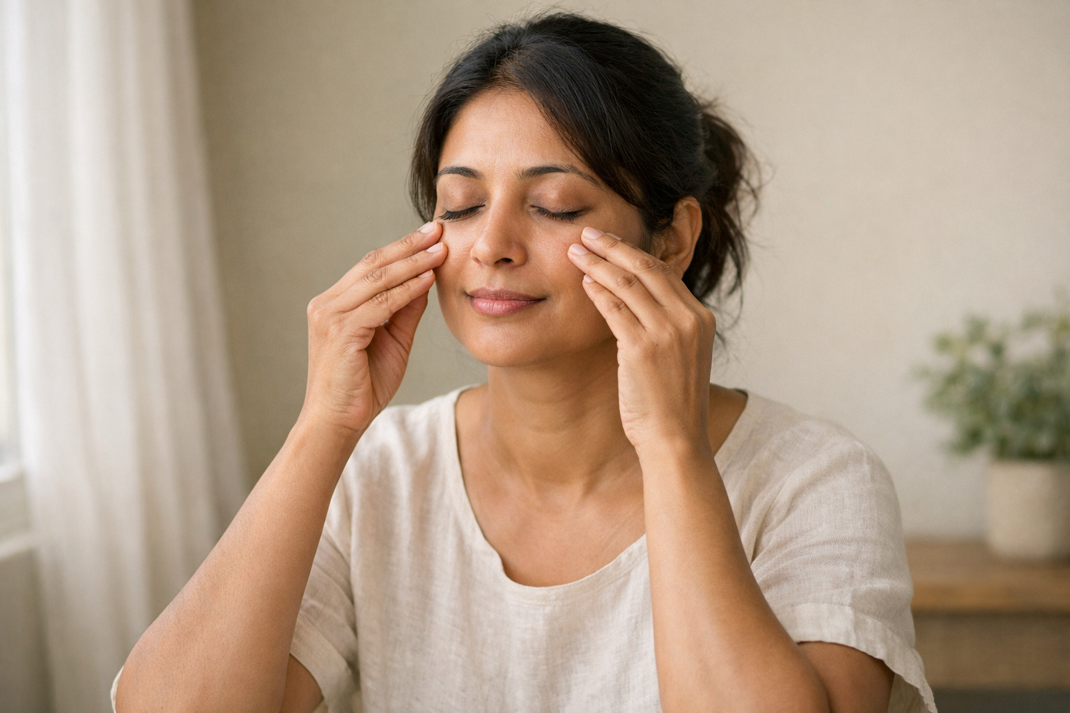 Face yoga for beginners practicing a simple daily routine at home without equipment